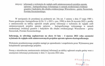 Zdjęcie do Starosta Szczecinecki odwołuje termin czynności wyłożenia do wglądu os&oacute;b zainteresowanych projektu operatu opisowo-kartograficznego